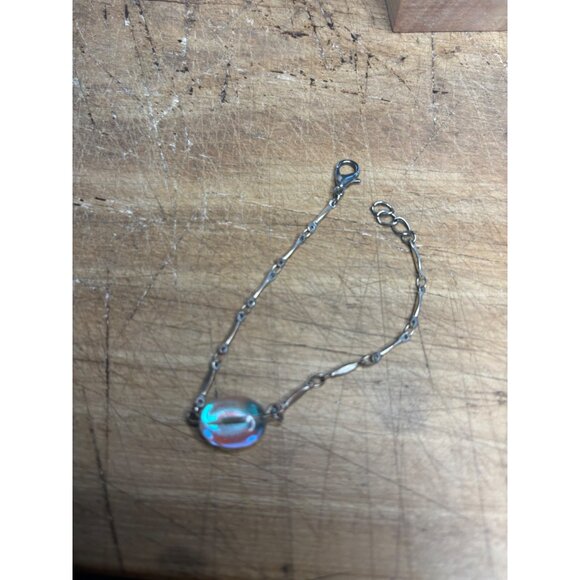 Iridescent Beaded Sterling Silver Bracelet With Oval Glass Accent & Lobster Clas - Picture 4 of 8